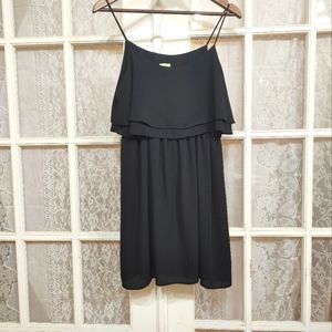 Black dress tiered draped lined spaghetti strap evening cocktail wedding